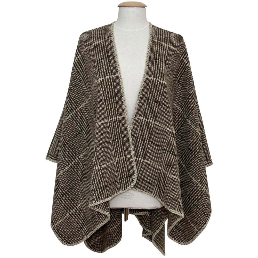 2CHIC Womens Shawl Wrap Brown Plaid Open Poncho One Size NEW Academia Cabin Cozy